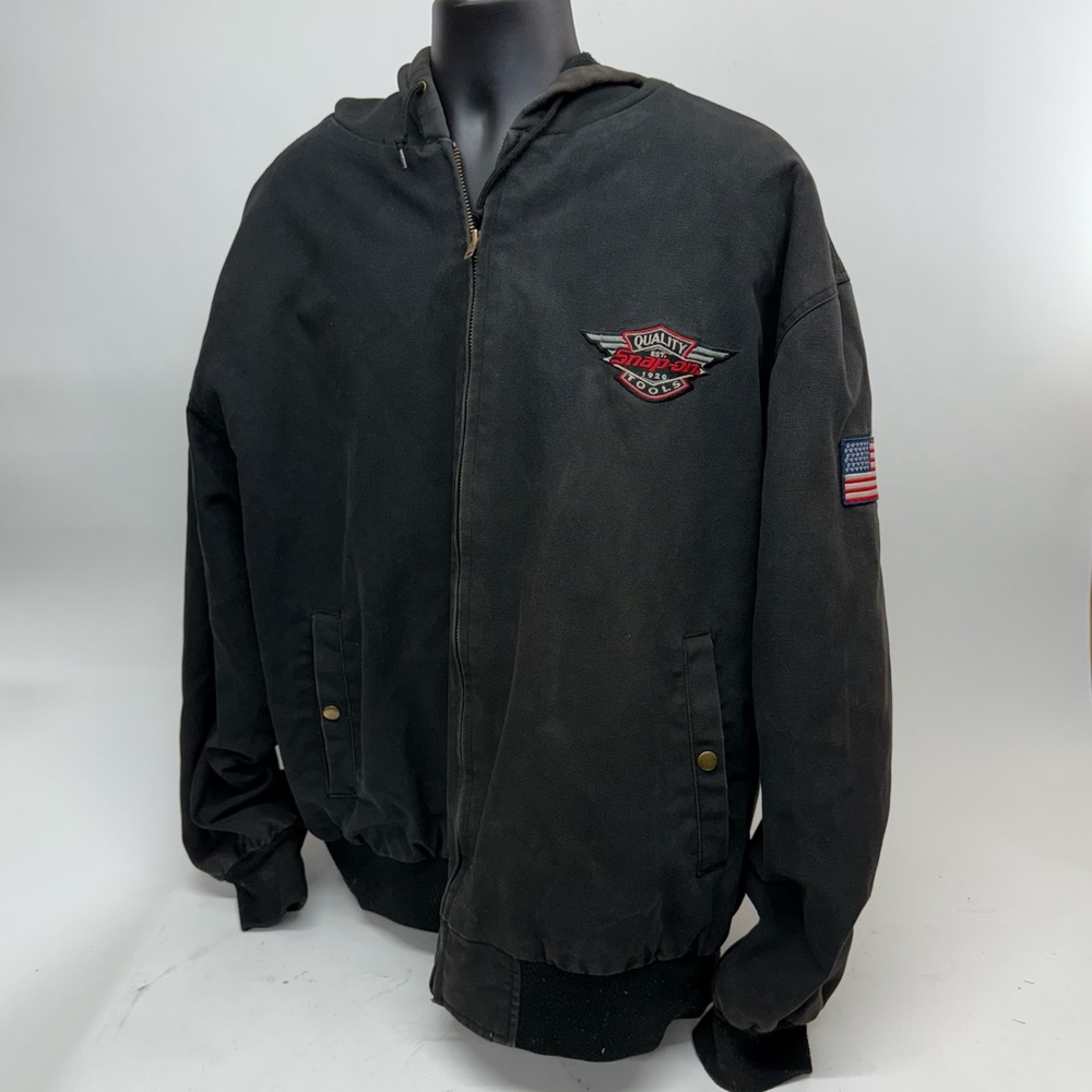 Vtg Snap-on Jacket Men 3XL Black Cotton Hooded Quilted USA Flag 2003 Workwear
